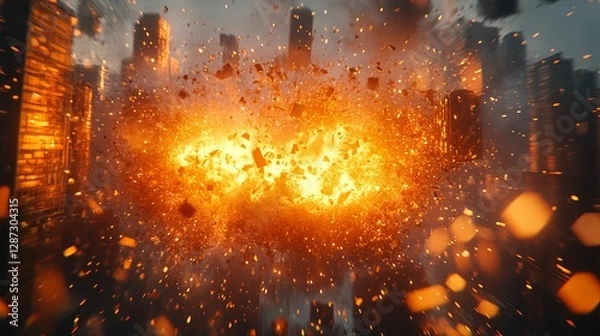Obraz Fiery City Explosion Massive Debris Destruction