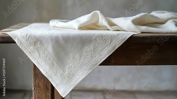 Obraz Embroidered Linen Tablecloth on Rustic Wooden Table