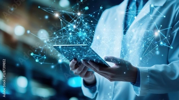 Fototapeta Digital Healthcare: Doctor Using Tablet with Network Connections