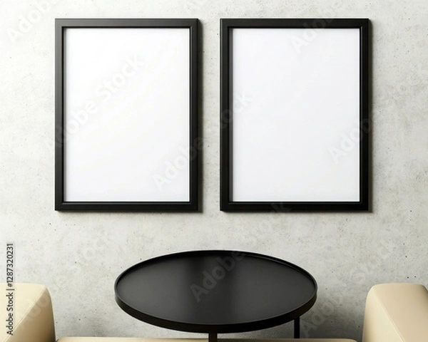 Fototapeta Elegant Minimalist Interior with Two Blank Frames and Round Table