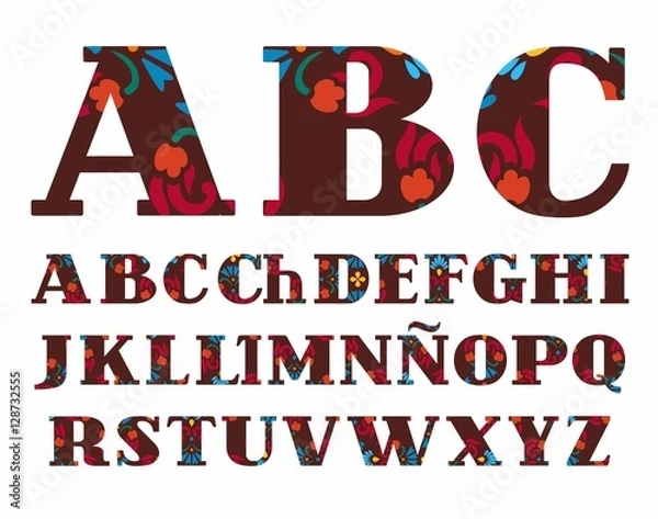 Fototapeta Spanish alphabet, decorative flowers, vector font, capital letters, brown. The letters of the Spanish alphabet with serifs. Red and blue flowers on a brown background. 