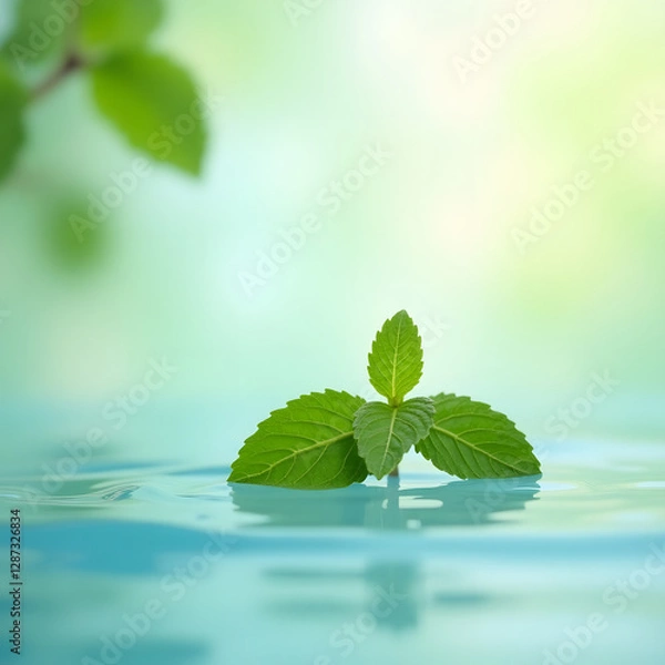 Fototapeta Fresh Green Mint Leaves Floating on Rippling Water with Soft Focus and Pastel Tones for a Calm and Serene Atmosphere
