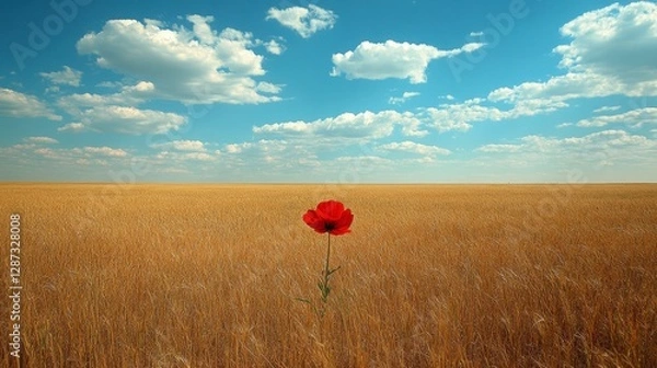 Fototapeta Vibrant red poppy in a vast golden wheat field under a clear blue sky with fluffy clouds