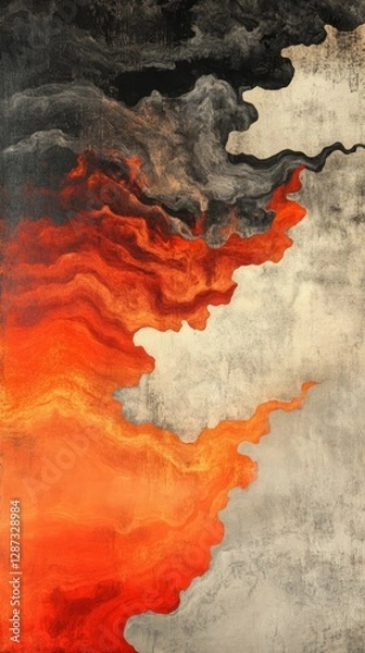 Fototapeta Fiery abstract art painting in shades of orange, red, and gray.