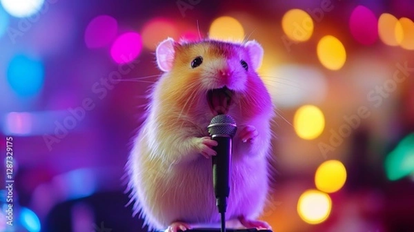 Fototapeta Adorable Hamster Singing On Stage With Colorful Lights. Concert, Fun.