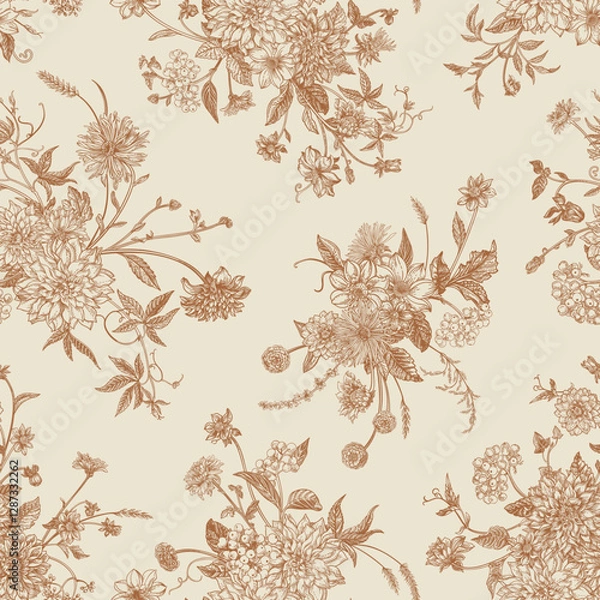 Fototapeta Vintage seamless pattern with autumn flowers, herbs and berries. Vector botanical floral background. Creamy delicate color.