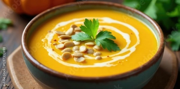 Obraz Butternut squash and coconut milk soup topped with toasted pumpkin seeds and fresh cilantro leaves, milk, cilantro, squash