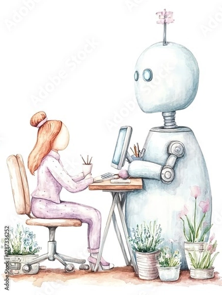 Fototapeta Girl Working with Robot Assistant Watercolor - AI and technology