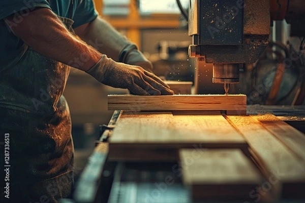 Fototapeta Clear Pixel Picture of a Man Works on the Machine with the Wooden Product