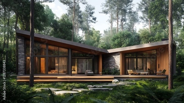 Obraz A Modern Wooden House with a Spacious Deck
