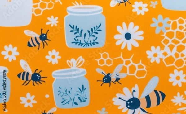 Fototapeta Colorful Bee and Flower Pattern with Honey Jars on Orange Background
