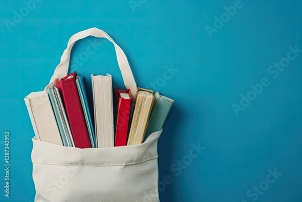 Fototapeta High Resolution Image of Books Inside a School Bag on Blue Background