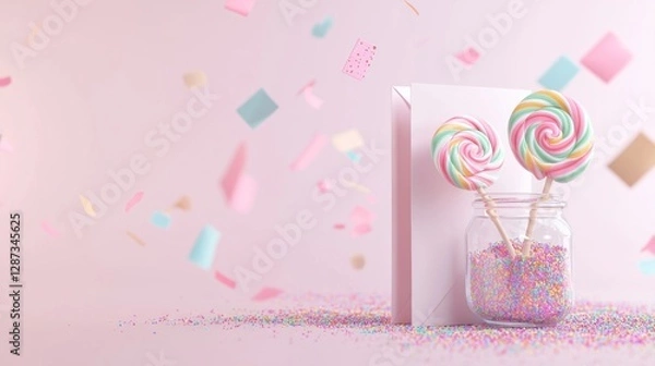 Fototapeta Colorful Greeting Card with Lollipops and Sprinkles Background