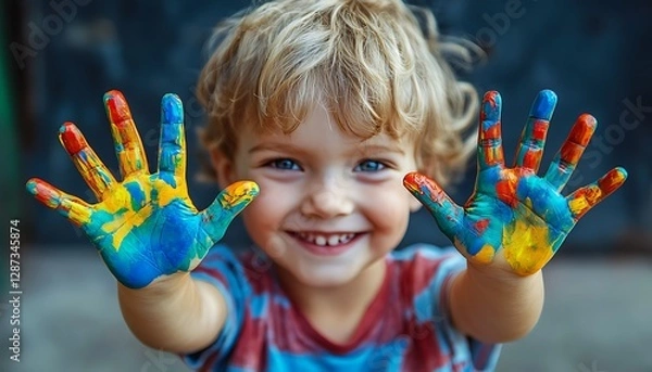 Obraz Child painting, smiling, happy hands, outdoors, play