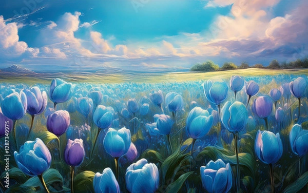Fototapeta Tulip Flowers Field against the sky in painting style image, part 34