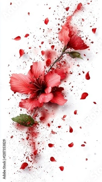 Fototapeta Red Hibiscus Flower with Falling Petals