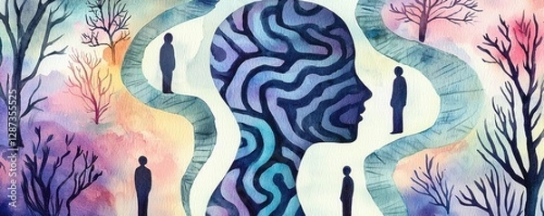 Fototapeta An abstract illustration depicting a silhouette of a head with a brain pattern, surrounded by figures and winding paths amid vibrant trees.