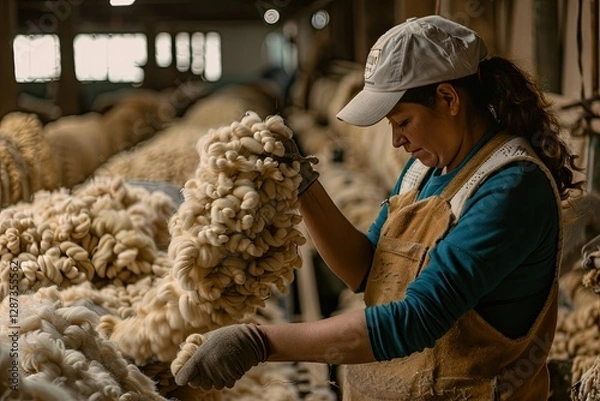 Fototapeta Woman Worker Sorting Brown Fibers in an Alpaca Wool Production in Peru Selective Focus