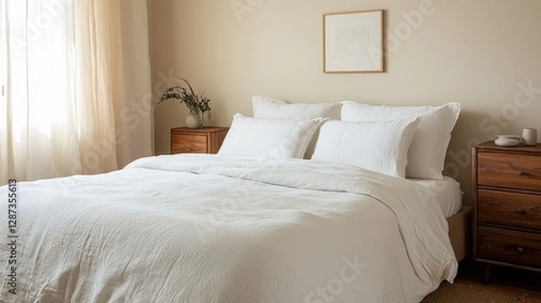 Fototapeta A serene bedroom featuring a neatly made bed with white linens, wooden furniture, and natural light filtering through sheer curtains.