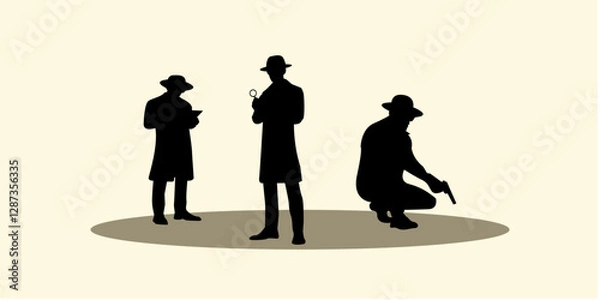 Fototapeta Graphic set silhouette of detective concept. 2D icon of detective on black shadow template. vector illustration.	