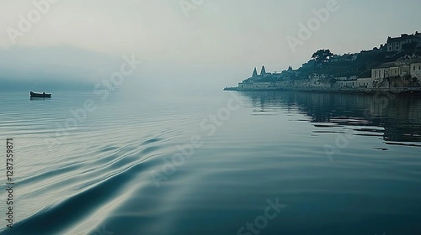 Fototapeta Calm coastal dawn, boat, hazy village, tranquil waters, travel
