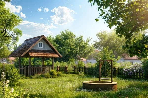 Fototapeta Premium Quality Picture of Simple Cottage and Well on Backyard in Village