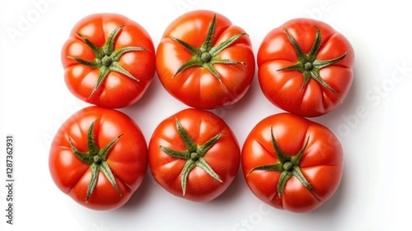 Fototapeta Fresh, ripe tomatoes arranged neatly, showcasing their vibrant red color and green stems, ideal for culinary uses.