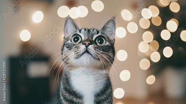Fototapeta A curious cat gazes upward, surrounded by soft bokeh lights, creating a warm, festive atmosphere.