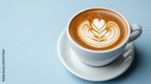 Fototapeta A beautifully crafted latte with a heart design, served in a white cup on a light blue background.