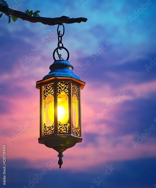 Fototapeta Illuminated Decorative Lantern Hanging From A Branch