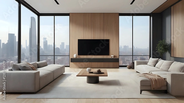 Fototapeta A modern living room features a wall-mounted TV on wooden paneling, with a sleek, floating console beneath. Large windows offer a city view and natural light
