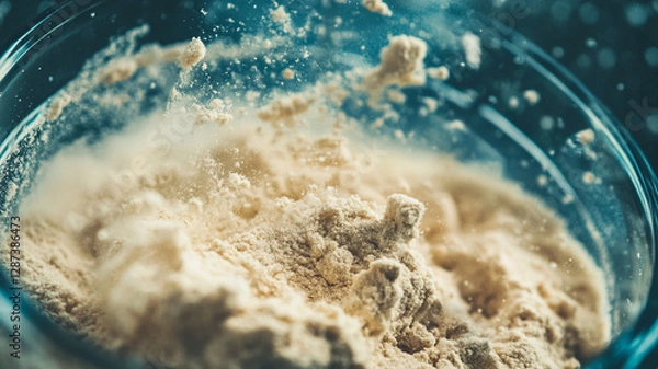 Fototapeta Close up of protein powder dissolving in water, creating dynamic splash