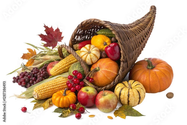 Fototapeta A cornucopia overflowing with autumn fruits and vegetables isolated on transparent background