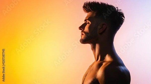 Fototapeta Profile of a Young Man in Artistic Lighting with Warm Background