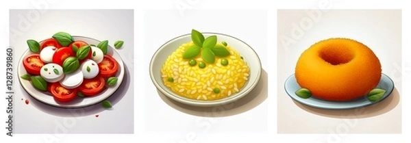 Fototapeta Three plates of food: Caprese salad with tomatoes and mozzarella, yellow risotto with peas, and an orange donut.