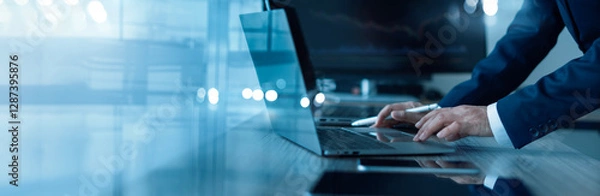 Obraz Business technology, Data science and digital marketing, Businessman using laptop with analysis data of growth to business on global network connection, Investment, Data exchange, Digital technology.