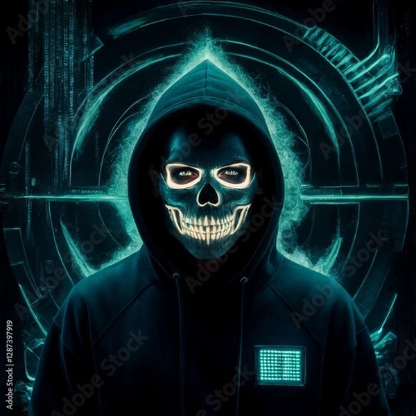 Fototapeta Portrait of a sinister man in a dark hoodie and a glowing skull mask against the background of a neon door of a bank safe. Hacker, villain, intruder, digital safecracker