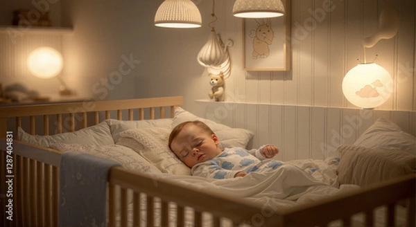 Obraz The baby is sleeping in a crib illuminated by a night light