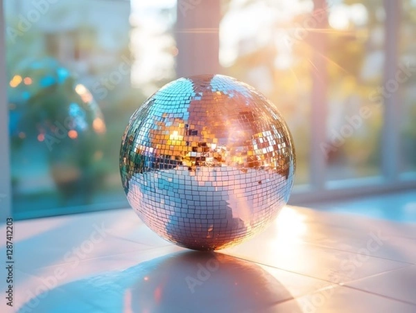 Fototapeta Shiny disco ball on a table reflecting sunlight in an outdoor setting during the day