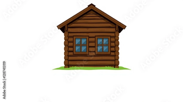 Fototapeta Simple vector illustration of a brown log cabin facade with windows showing, isolated on a 
white background
