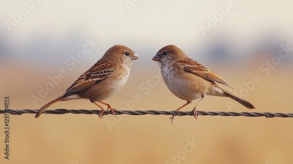 Fototapeta Scaly-breasted munia birds resting on a wire; one bird on the left starts to hop toward another in dynamic movement