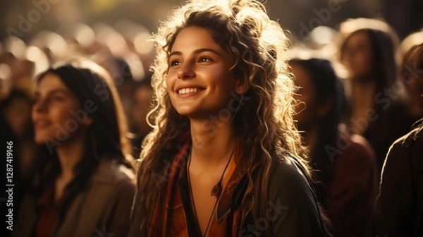 Obraz Smiling Woman with Curly Hair Looking Up in Crowd bathed in Golden Light