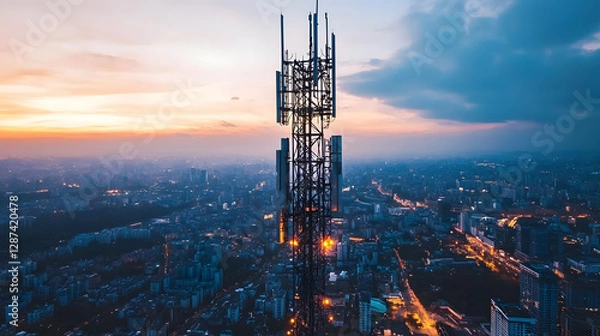 Obraz massive 5G network tower stands tall over urban landscape at sunset, with city lights beginning to twinkle as day transitions to night
