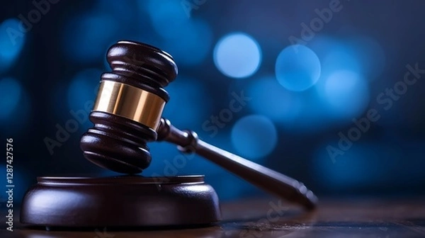 Fototapeta Law theme, mallet of judge, wooden gavel on a dark background