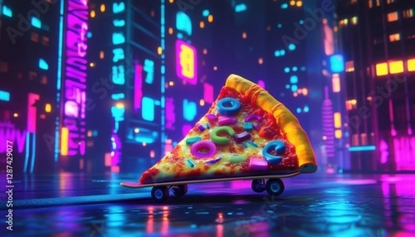 Fototapeta Skateboarding Pizza Slice in a Neon City - Perfect for creative projects, branding, posters, and content related to fast food, street culture, and quirky cartoon designs