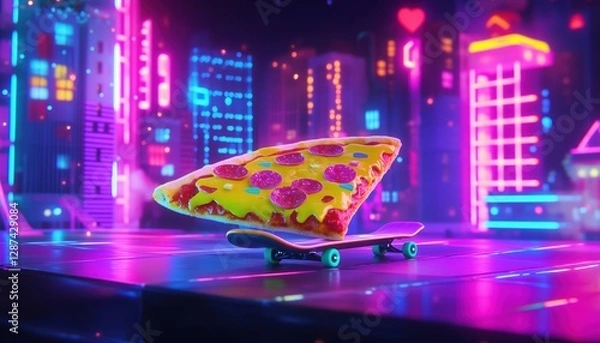 Fototapeta Skateboarding Pizza Slice in a Neon City - Perfect for creative projects, branding, posters, and content related to fast food, street culture, and quirky cartoon designs