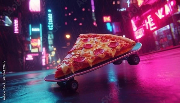 Fototapeta Skateboarding Pizza Slice in a Neon City - Perfect for creative projects, branding, posters, and content related to fast food, street culture, and quirky cartoon designs