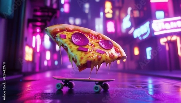Fototapeta Skateboarding Pizza Slice in a Neon City - Perfect for creative projects, branding, posters, and content related to fast food, street culture, and quirky cartoon designs