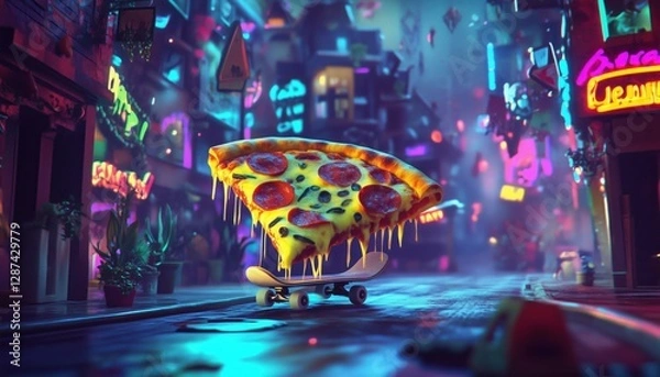 Fototapeta Skateboarding Pizza Slice in a Neon City - Perfect for creative projects, branding, posters, and content related to fast food, street culture, and quirky cartoon designs