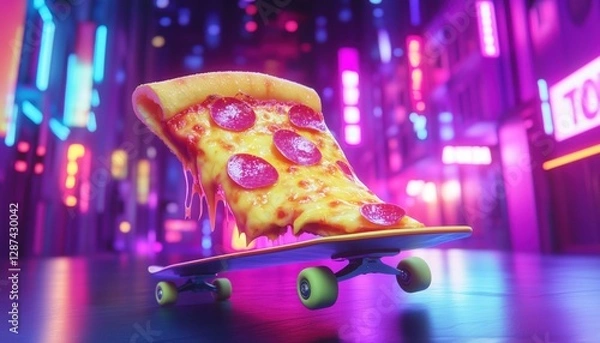 Fototapeta Skateboarding Pizza Slice in a Neon City - Perfect for creative projects, branding, posters, and content related to fast food, street culture, and quirky cartoon designs